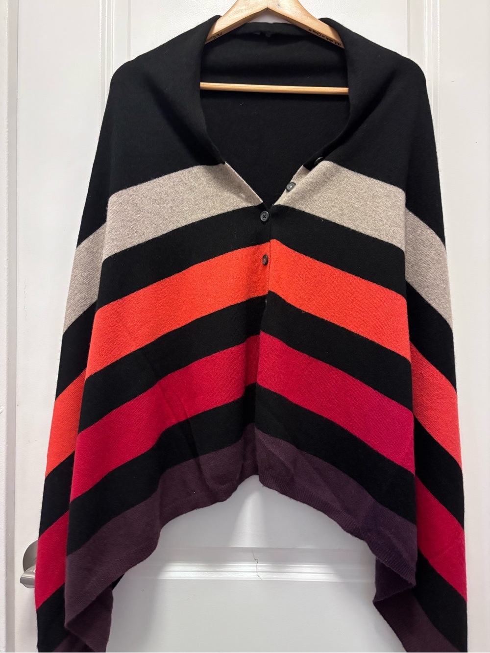 360 Cashmere Striped Button-Front Poncho in Black, Cream, Orange, Red and Purple